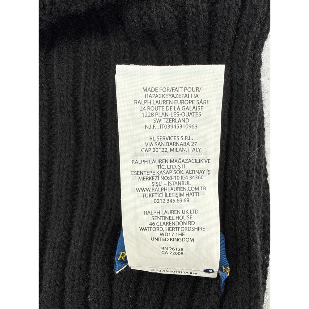 Polo Ralph Lauren Mens Black Wool Blend Ribbed Knit Scarf Grey Pony Logo 70X9 IN